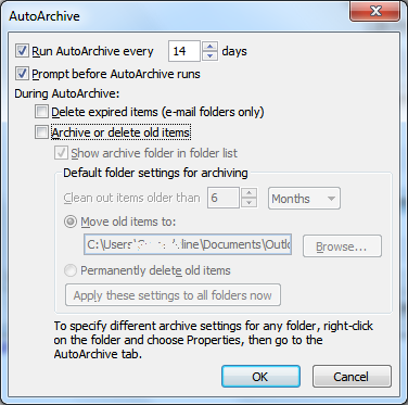 auto archive dialog box